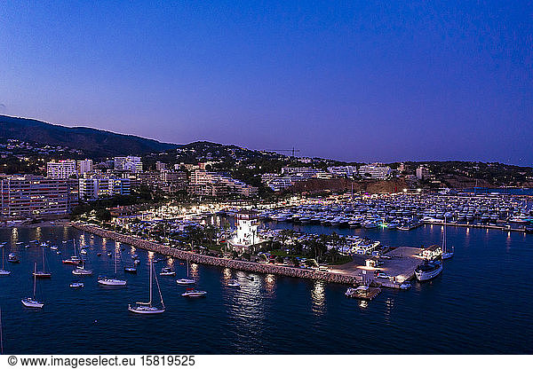 Spain  Balearic Islands  Mallorca  Portals Nous  Puerto Portals  Aerial view of luxury marina at dusk