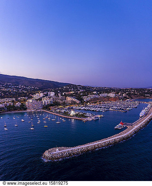 Spain  Balearic Islands  Mallorca  Portals Nous  Puerto Portals  Aerial view of luxury marina at sunset