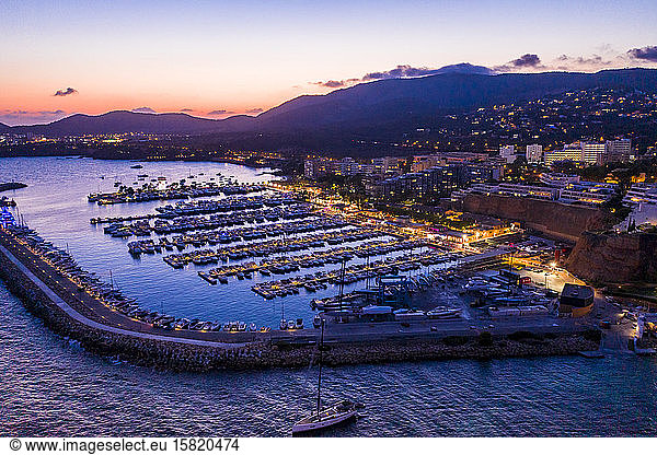 Spain  Balearic Islands  Mallorca  Portals Nous  Puerto Portals  Aerial view of luxury marina at sunset