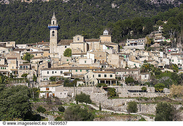 Spain  Balearic Islands  Mallorca  Valldemossa  S'Arxiduc  View to village with church