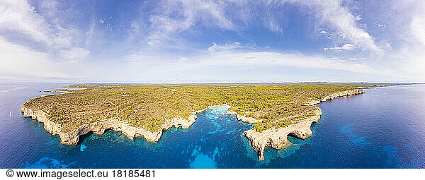 Spain  Balearic Islands  Menorca  Aerial panorama of Cala Turqueta bay