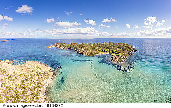 Spain  Balearic Islands  Menorca  Aerial view of Colom Island and sea