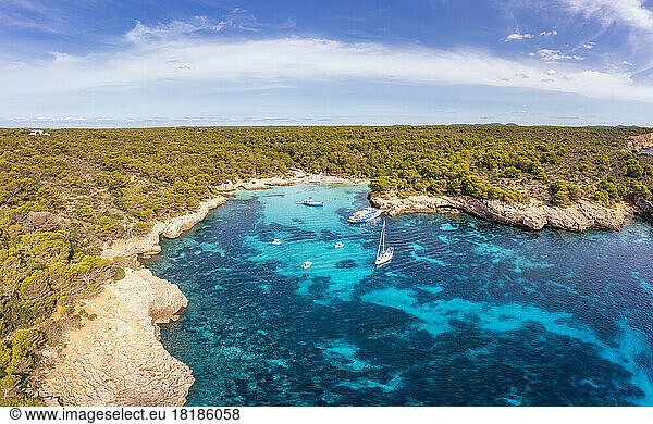 Spain  Balearic Islands  Menorca  Boats in Cala Turqueta bay