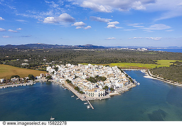 Spain Balearic Islands Portocolom Drone view of coastal town in summer