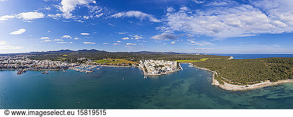 Spain  Balearic Islands  Portocolom  Drone vpanorama of coastal town in summer