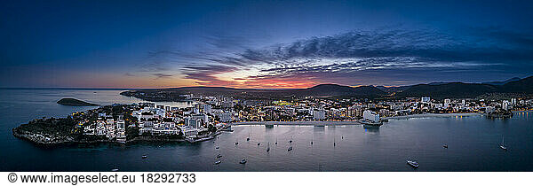 Spain  Balearic Islands  Santa Ponsa  Mallorca  Aerial panorama of seaside town at dusk