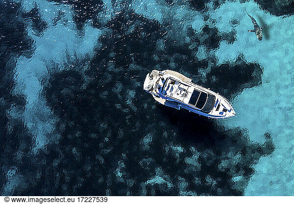 Spain  Balearic Islands  Santanyi  Aerial view of motorboat in Cala Llombards bay of Mallorca