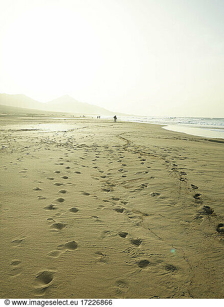 Spain  Canary Islands  Fuerteventura  Sandy beach Playa de Cofete at sunset