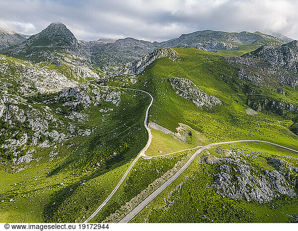 Spain  Cantabria  Aerial view of green landscape of Picos de Europa range