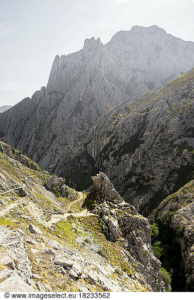 Spain  Castile and Leon  Posada de Valdeon  Steep landscape of Picos de Europa range