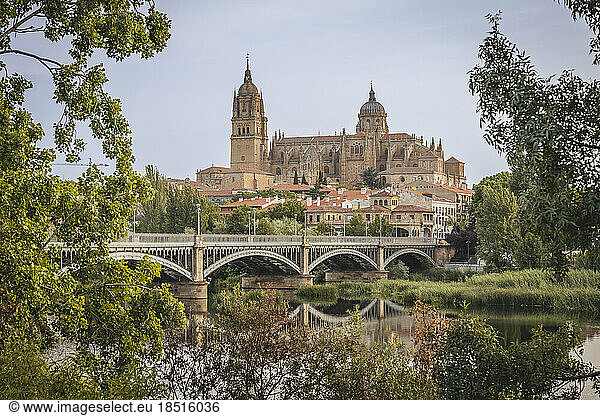 Spain  Castilla y Leon  Salamanca  Arch bridge stretching over river with New Cathedral in background