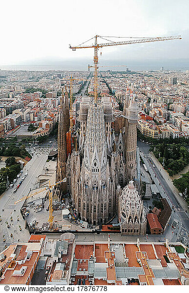 Spain  Catalonia  Barcelona  Aerial view of Sagrada Familia basilica