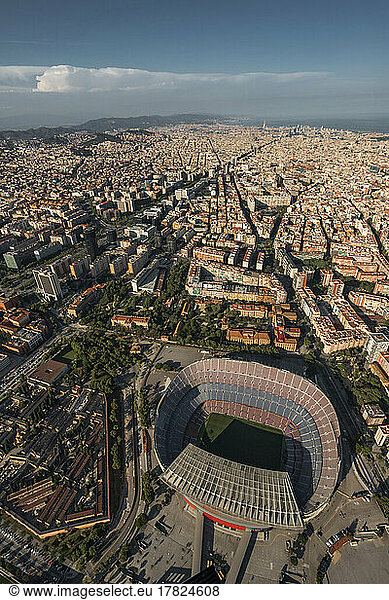 Spain  Catalonia  Barcelona  Helicopter view of Camp Nou stadium and surrounding cityscape
