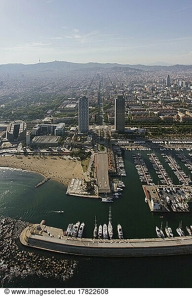 Spain  Catalonia  Barcelona  Helicopter view of city beach and marina