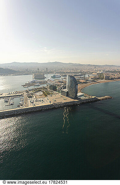 Spain  Catalonia  Barcelona  Helicopter view of city coastline and marina
