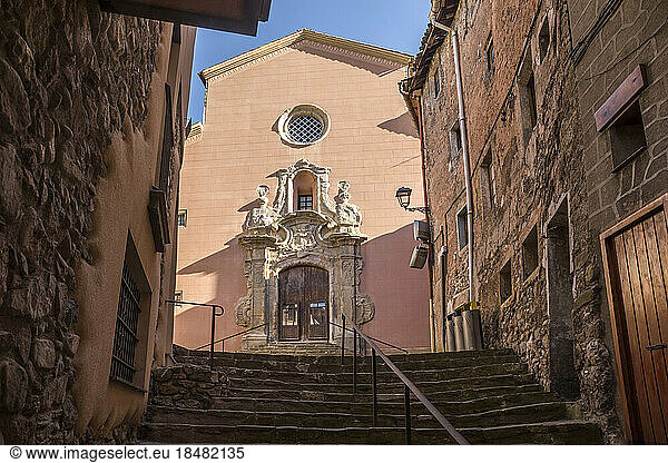 Spain  Catalonia  La Pobla de Lillet  Steps in front of entrance of Iglesia de Santa Maria church