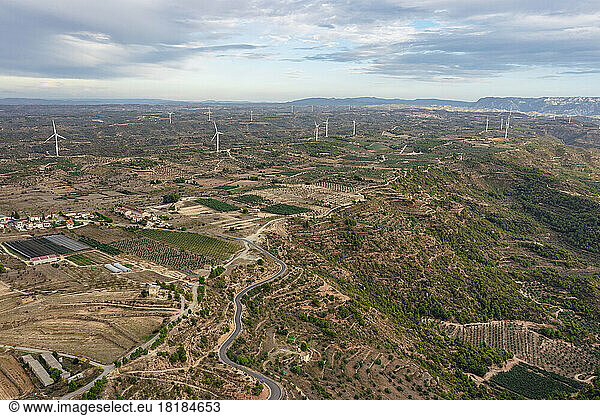 Spain  Catalonia  Les Garrigues  Aerial view of countryside wind farm