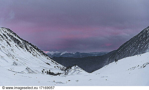 Spain  Cataluna  Baqueira  Mountains covered with snow at sunset