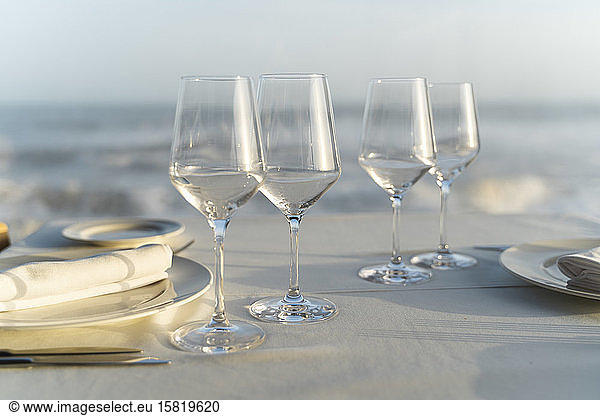 Spain  Empty wineglasses on set restaurant table
