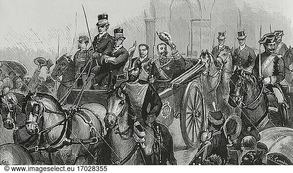 Spain  Extremadura  Cáceres. King Alfonso XII of Spain (1857-1885) and King Luis I of Portugal (1838-1889) on the occasion of the inauguration of the Madrid-Lisbon railway line  October 8  1881. Entrance in the city of both monarchs. Composition and life drawing by Comba. Engraving by Vela. La Ilustracion Española y Americana  1881.