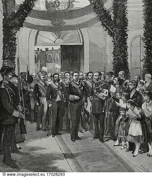 Spain  Extremadura  Caceres province  Valencia de Alcántara. King Alfonso XII of Spain (1857-1885) and King Luis I of Portugal (1838-1889) on the occasion of the inauguration of the Madrid-Lisbon railway line  October 8  1881. The kings leaving the station. Life drawing by Juan Comba. Engraving by Vela. La Ilustracion Española y Americana  1881.
