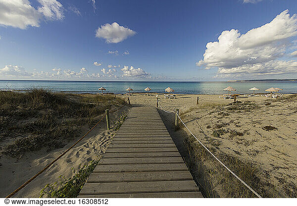 Spain  Formentera  Es Arenals  wooden boardwalk at the beach