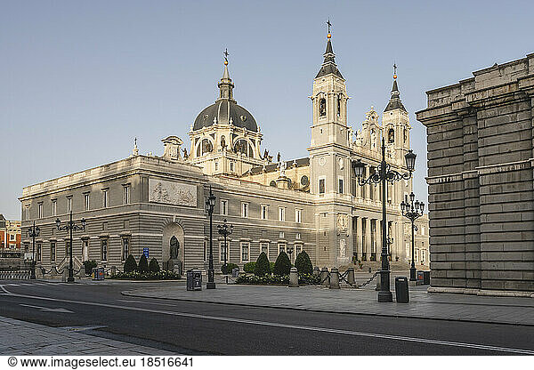 Spain  Madrid  Empty street in front of Almudena Cathedral