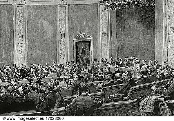 Spain  Madrid. Inaugural session held under the presidency of King Alfonso XII (1857-1885)  in the assembly hall of the Central University  on September 25  1881. Life drawing by Comba. Engraving by Bernardo Rico (1825-1894) La Ilustracion Española y Americana  1881.