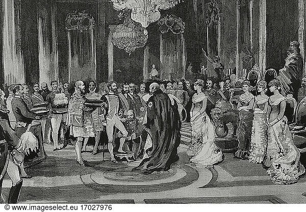 Spain  Madrid. Royal Palace. Sir Robert Morier (1826-1893)  Marquess of Northampton  as ambassador of the Queen of England  imposing the Order of the Garter to King Alfonso XII of Spain (1857-1885)  on October 11  1881. Illustration by Juan Comba. Engraving by Bernardo Rico. La Ilustracion Española y Americana  1881.