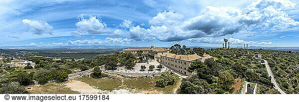 Spain  Mallorca  Helicopter panorama of Sanctuary of Cura situated on summit of Puig de Randa in summer