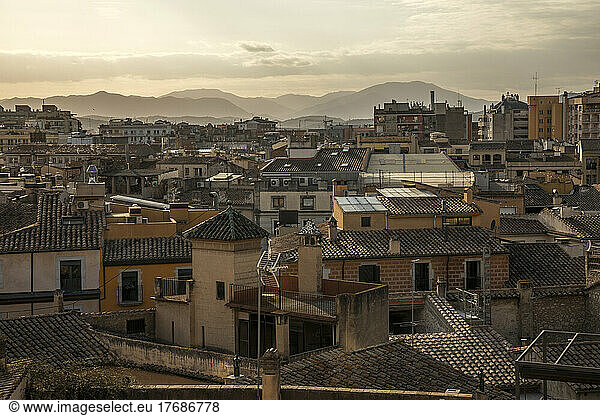 Spain  Mallorca  Maria de la Salut  Tiled roofs of old town houses