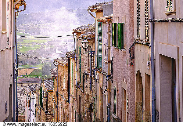 Spain  Mallorca  Montuiri  Row of old town houses along steep street