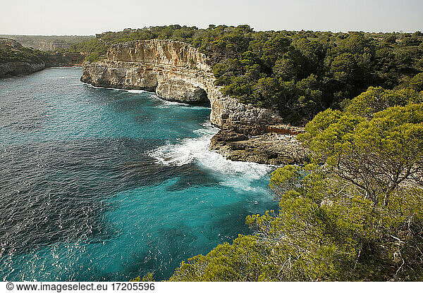 Spain  Mallorca  Na Fontanela Coastline along blue sea