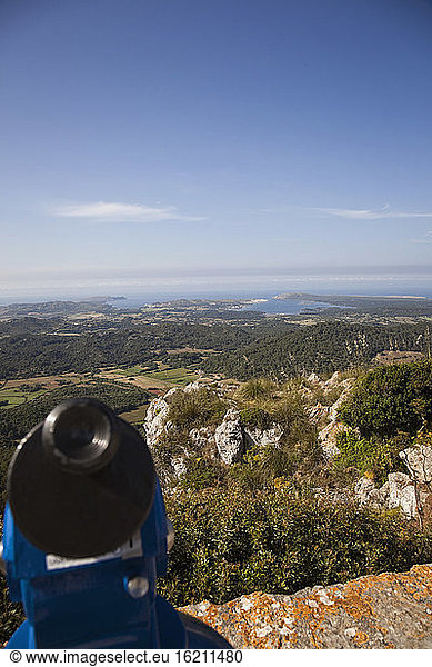 Spain  Menorca  View from the mountain El Toro with coin operated binoculars in foreground