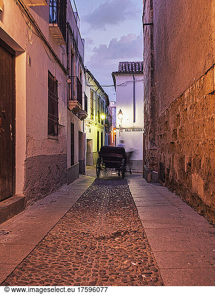 Spain  Province of Cordoba  Cordoba  Carriage driving past cobblestone alley in historic old town at dusk