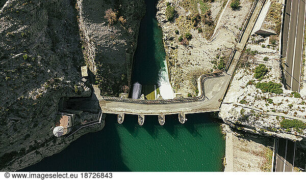 Spain  Province of Huesca  Sopeira  Aerial view of Presa de Escales dam