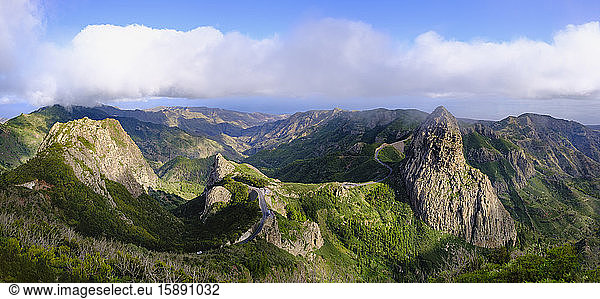 Spain  Province of Santa Cruz de Tenerife  Scenic panorama of Roque de Agando  Roque de Ojila and Roque de la Zarcita rock formations