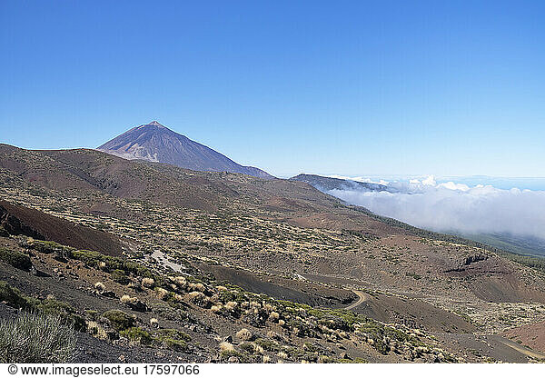 Spain  Tenerife  Landscape of Teide National Park with Mount Teide looming in background