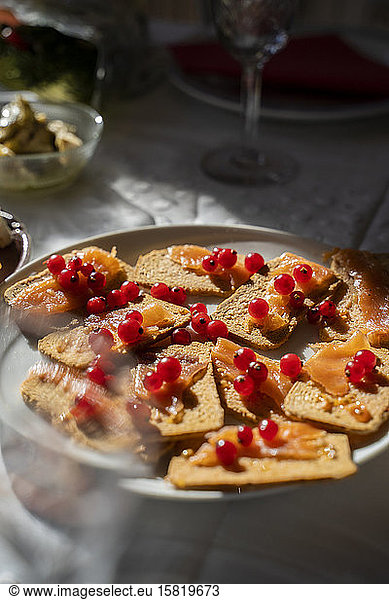Spain  Tray of crispbreads with raw salmon and red currant berries