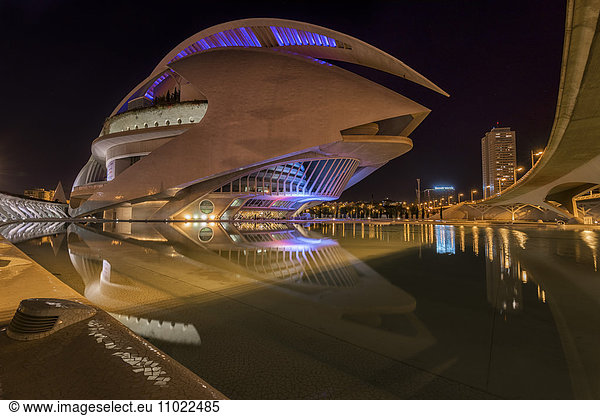 Spain  Valencia  lighted L'Hemisferic and Palau de les Arts Reina Sofia at City of Arts and Sciences by night