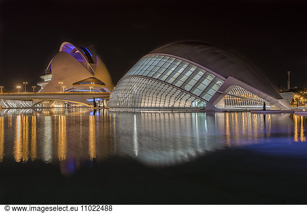 Spain  Valencia  lighted L'Hemisferic and Palau de les Arts Reina Sofia at City of Arts and Sciences by night