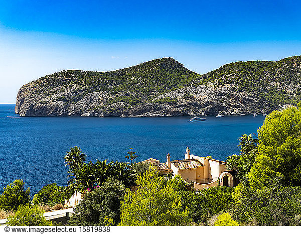 Spanien  Balearen  Camp de Mar  Klarer Himmel über bewaldeter Bucht im Sommer