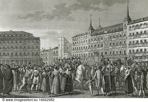 Spanien. Madrid. Ferdinand VII. (1784-1833) wird am 24. August 1808 auf dem Hauptplatz (Plaza Mayor) in Abwesenheit zum König von Spanien proklamiert. Kupferstich.