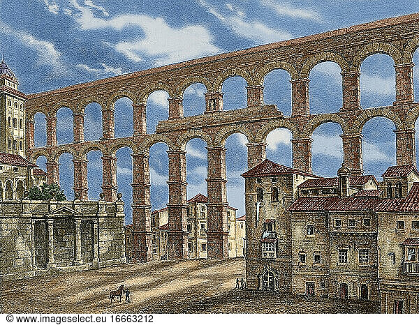 Spanien. Segovia. Römisches Aquädukt. Kupferstich. 19. Jahrhundert. Koloriert.