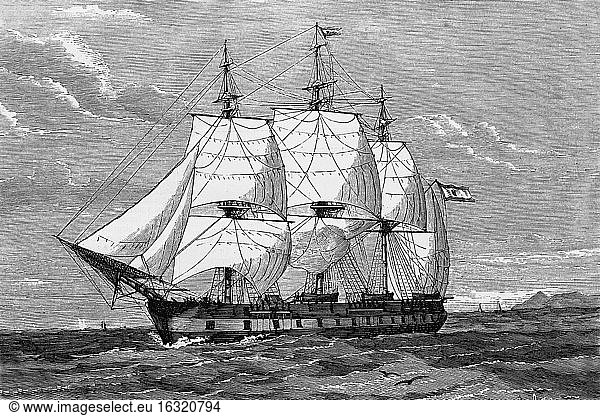 Spanische Marine  Fregatte Almansa. Antike Illustration. 1865.