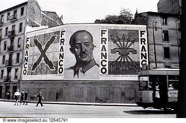 Spanischer Bürgerkrieg (1936 - 1939)  nationalistische Malerei mit dem Gesicht Francos und Symbolen der ?