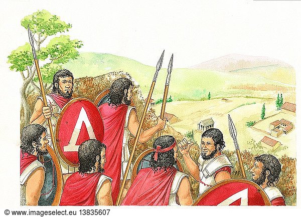 Spartanische Hopliten blicken in feindliches Gebiet. Ihr Befehlshaber prüft vor dem Einmarsch  ob die Götter das Vorhaben gutheißen. Er wird eine Ziege opfern und ihre Eingeweide auf gute oder schlechte Zeichen untersuchen.