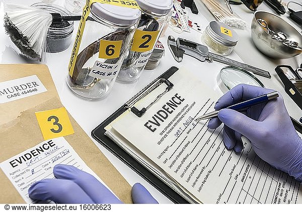 Specialized criminalistic police work in laboratory collecting data and evidence of a murder  conceptual image.