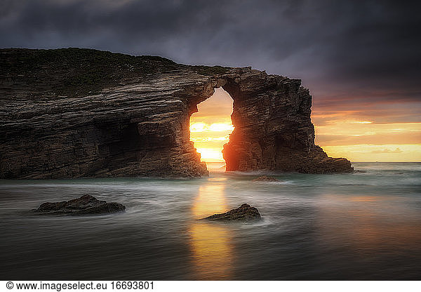 Spectacular sunset in Las Catedrales Beach  Ribadeo  Galicia  Spain