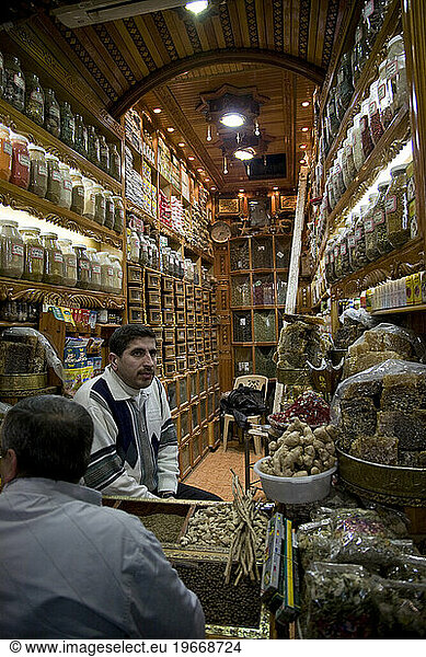 Spices shop in Aleppo bazaar in Syria.